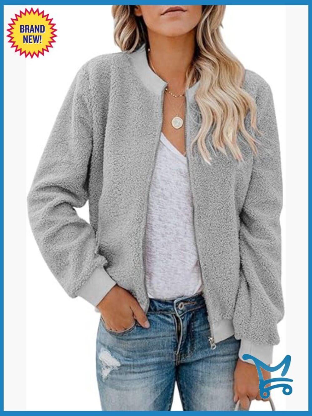 Women Faux Sherpa Fleece Zip Up Bomber Jacket Long Sleeve Casual Coat